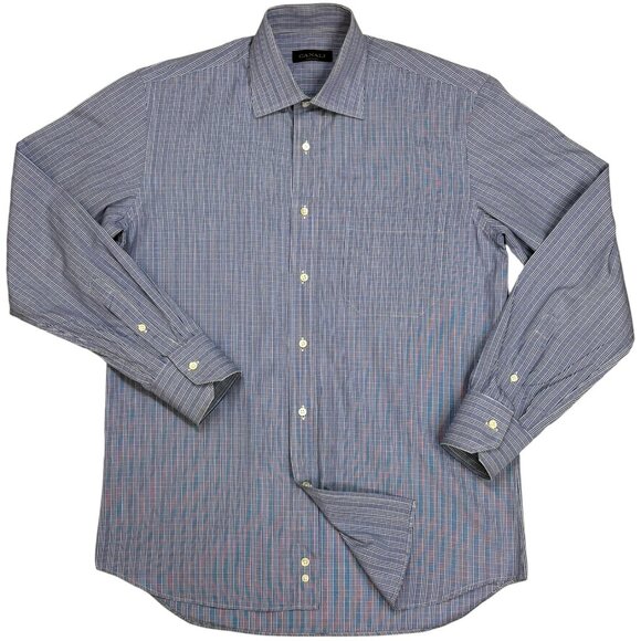 Canali Blue Plaid Luxe Cotton Italy Button Up Dress Shirt - Picture 8 of 8
